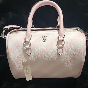 Victoria's Secret Pink Handbag Mini Duffle Iconic Pink And White Heritage Stripe